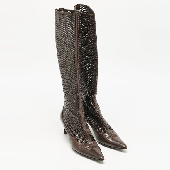 Bottega Veneta Dark Brown Woven Leather Zipped Knee Length Boots Size 39.5 - Picture 4 of 7